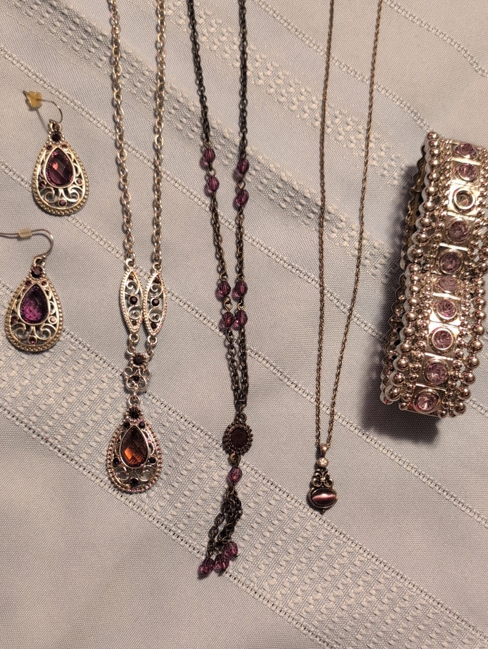 Silver-Tone Purple Glass Teardrop Necklace and Earring Set